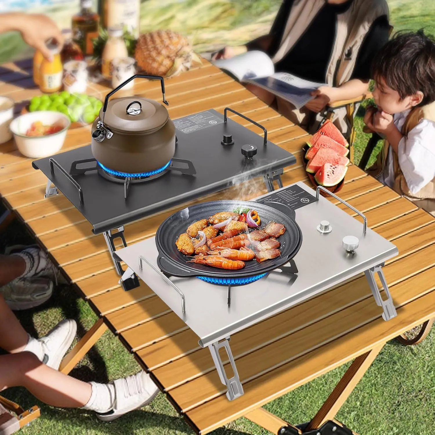 Camping Stove Small Tabletop Portable Gas Stove with Adjustable Burners Stainless Steel Foldable Table IGT Stove Propane Burners for Outdoor Cooking (Black)