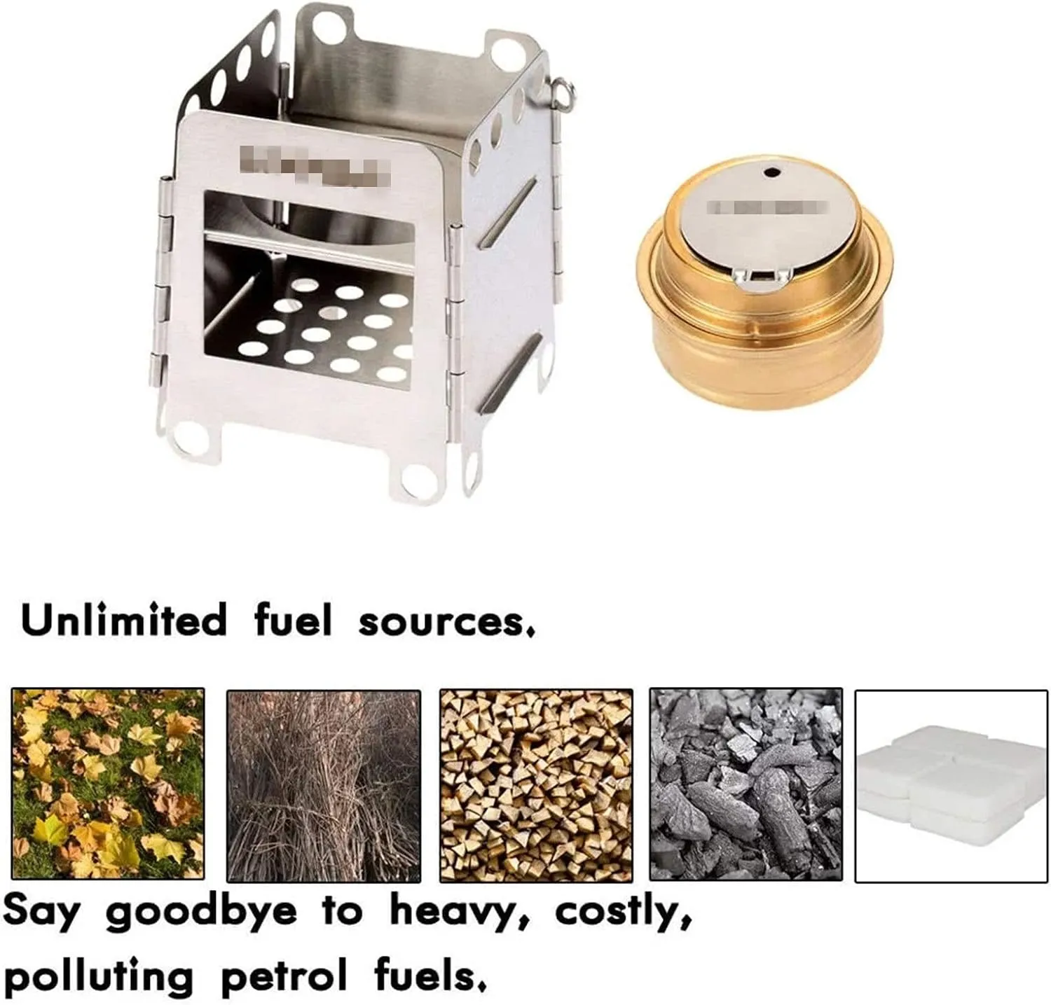 Camping Stove Stainless Steel Wood Burning Stove Lightweight Folding Pocket Stove with Backup Alcohol Burner (Color : Silver, Size : One Size) (Silver One Size)