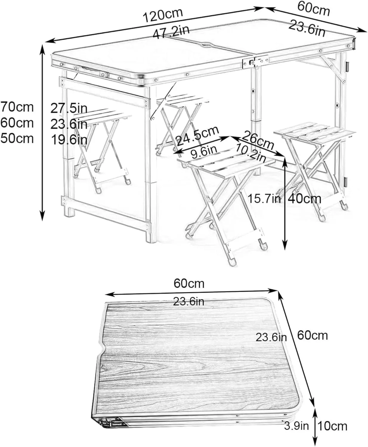 Camping Tables Height Adjustable Portable Table Lightweight Folding Table Small Compact Picnic Table with Aluminum Stool for BBQ Camp Fishing Camping Equipment