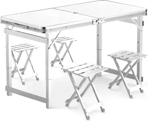 Camping Tables Height Adjustable Portable Table Lightweight Folding Table Small Compact Picnic Table with Aluminum Stool for BBQ Camp Fishing Camping Equipment