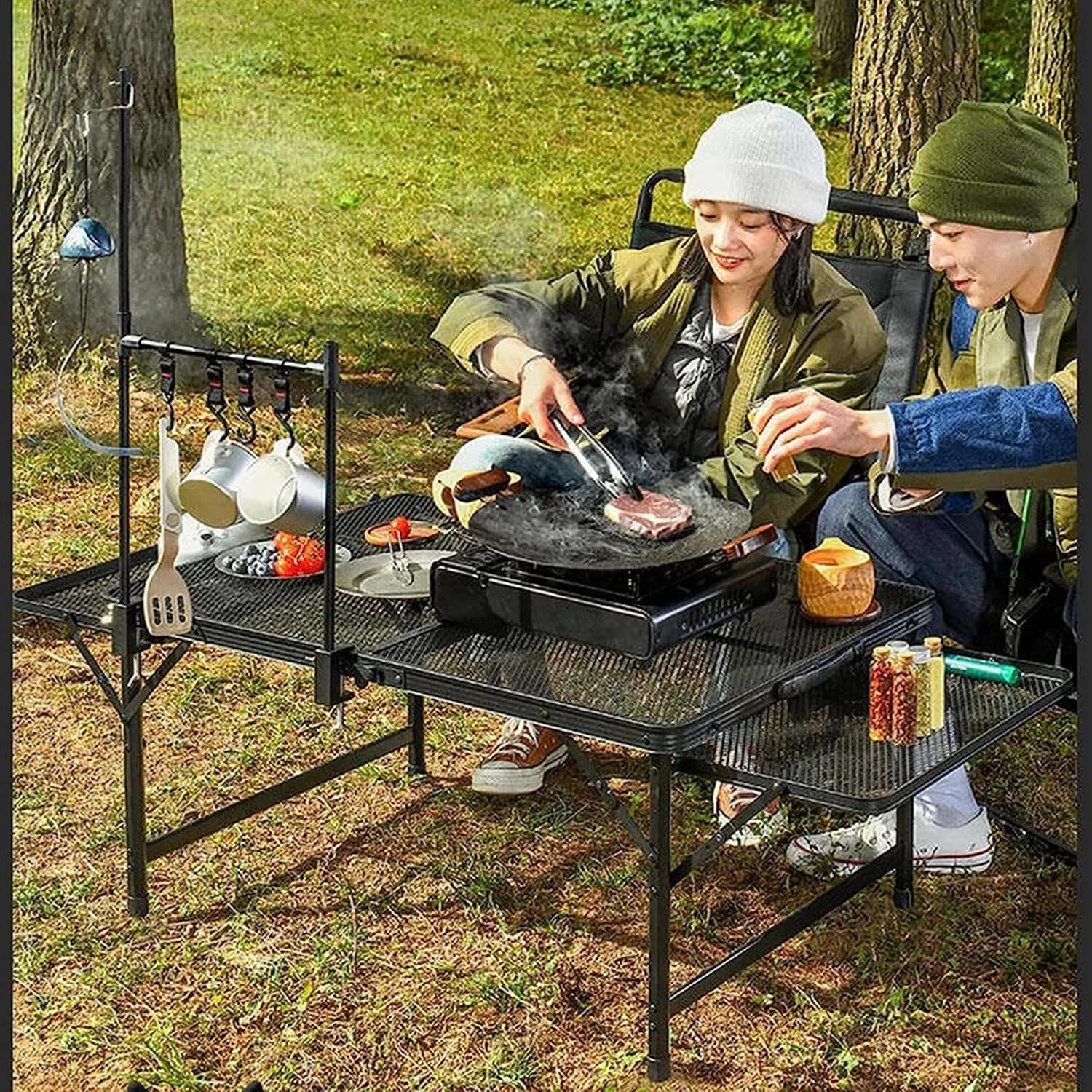 Camping Tables Outdoor Multifunctional Folding Table in Aluminum with Extensible Grid Desktop Height Adjustable Portable Picnic Table with Handle for Camp