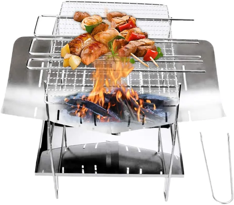 Camping Wood Stove Grill Folding Stainless Steel Firewood Buring Stove For BBQ