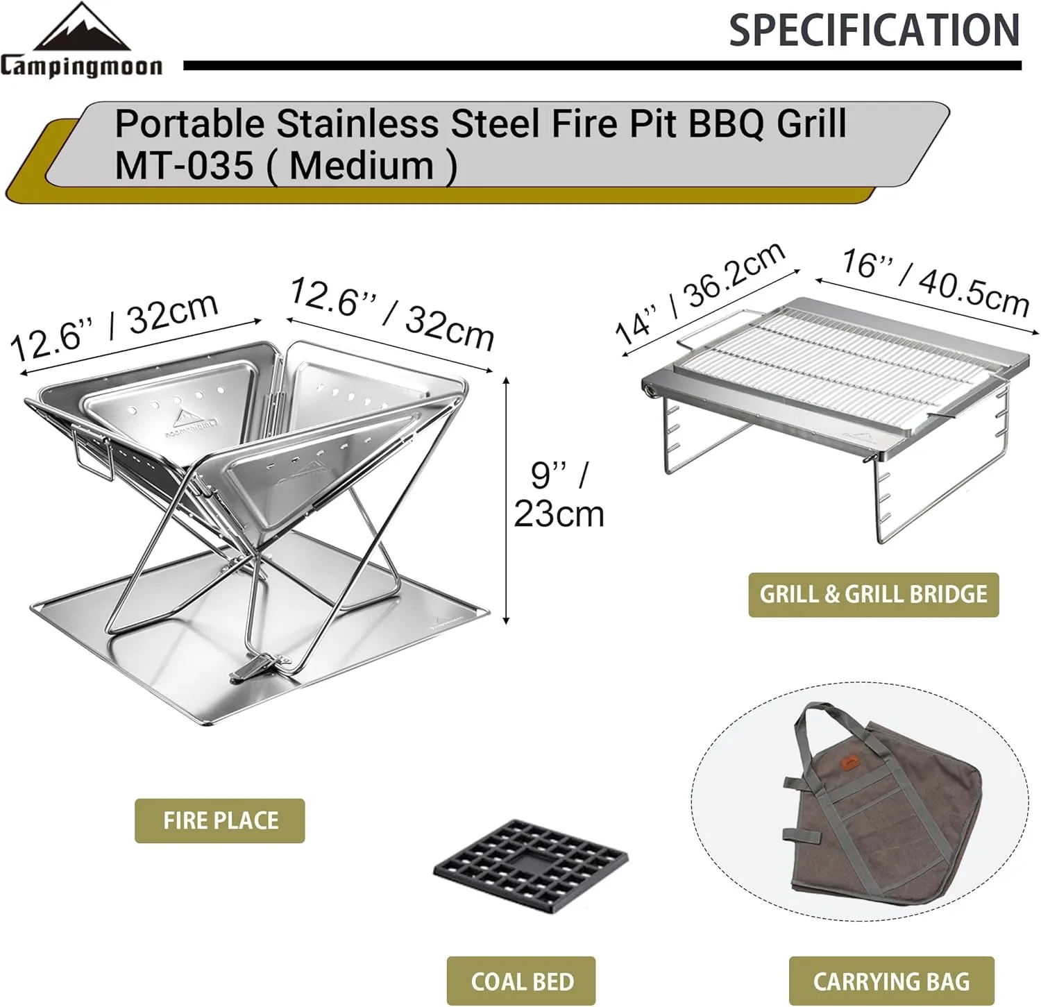 CAMPINGMOON 3-in-1 Portable Stainless Steel Wood Burning Grill and Fire Pit 14x15.35-inch with Carrying Bag MT-035