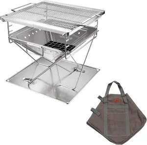 CAMPINGMOON 3-in-1 Portable Stainless Steel Wood Burning Grill and Fire Pit 14x15.35-inch with Carrying Bag MT-035