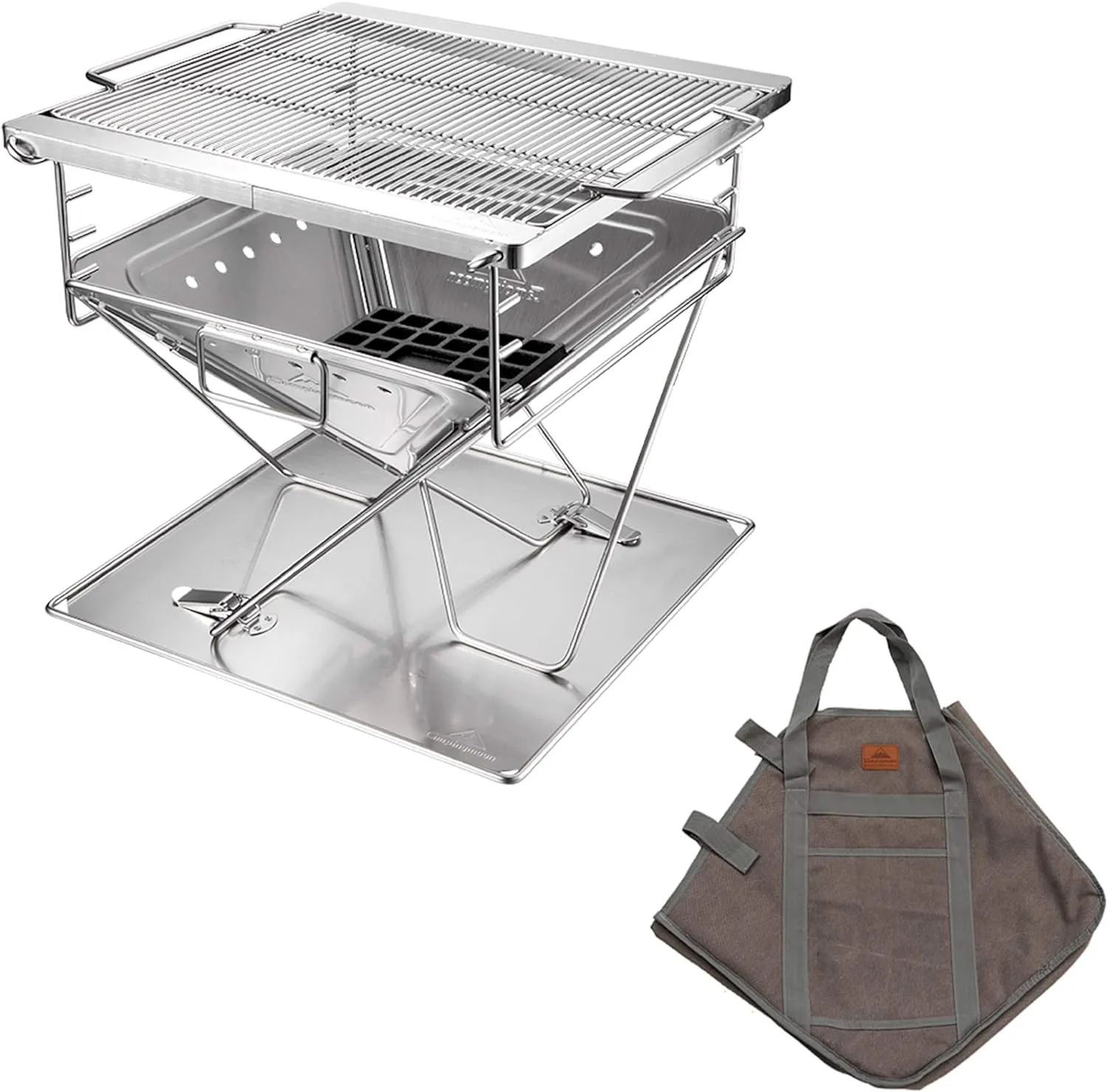 CAMPINGMOON 3-in-1 Portable Stainless Steel Wood Burning Grill and Fire Pit 14x15.35-inch with Carrying Bag MT-035