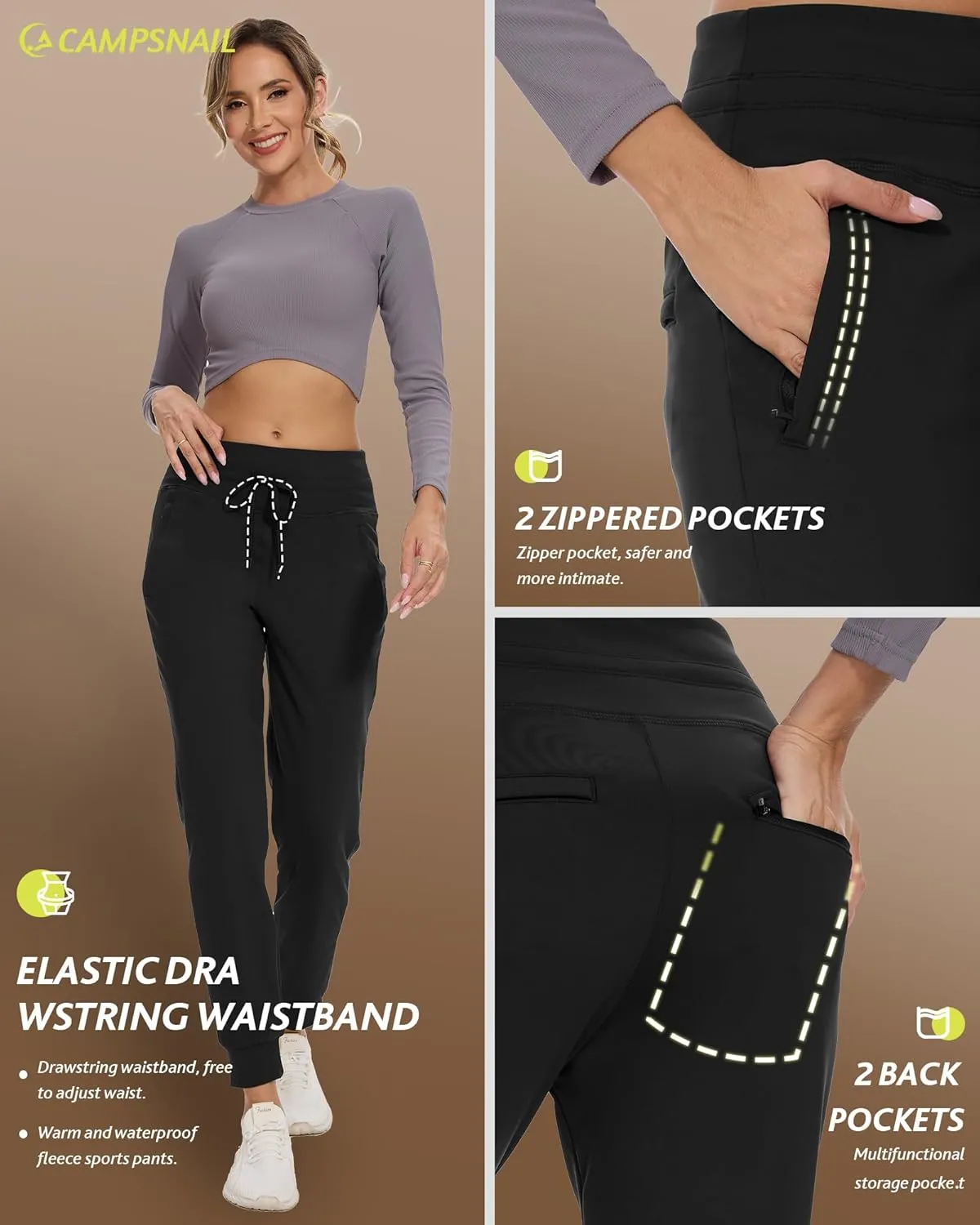 CAMPSNAIL Fleece Lined Joggers Women - Water Resistant Thermal Winter Sweatpants Running Hiking Yoga with Pockets