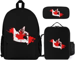 Canada Flag Map Backpack with Lunch Box Pencil Case 3pcs for Work and Leisure Day Trips
