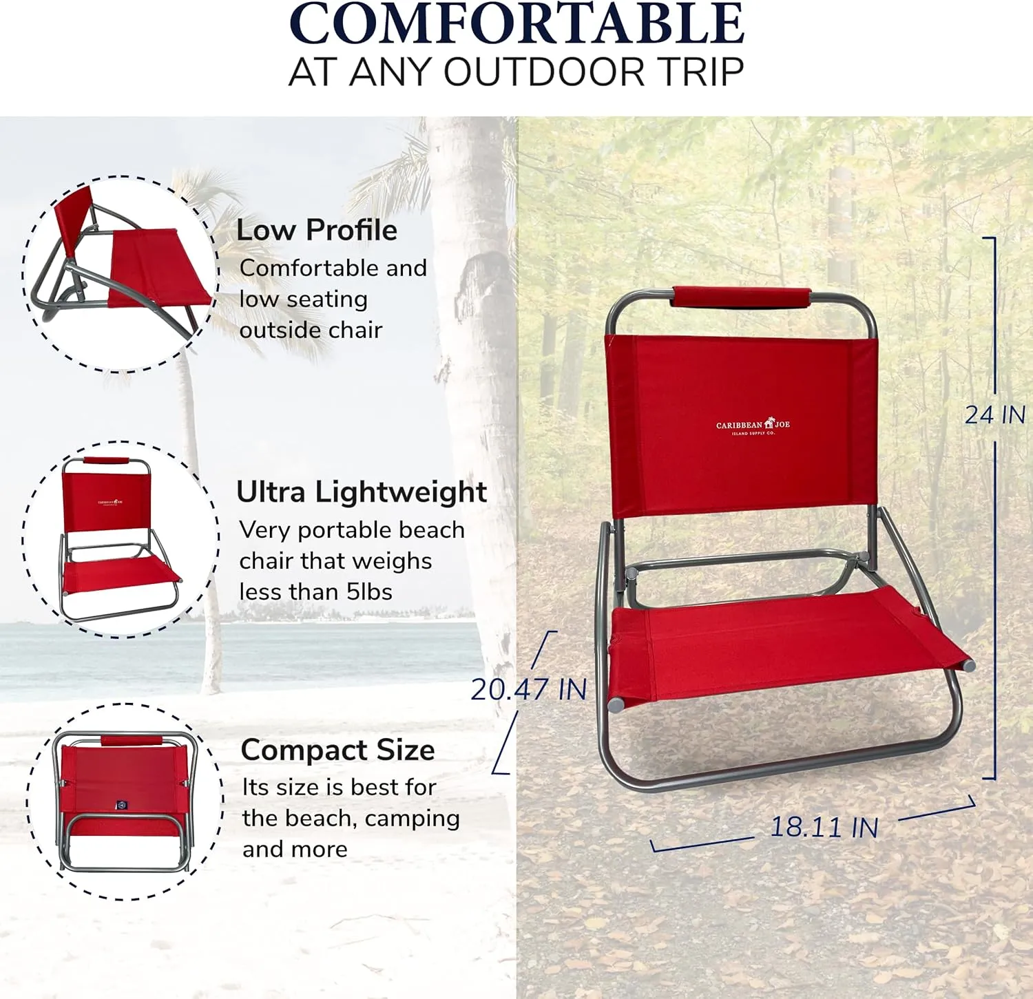 CARIBBEAN JOE 1 Position Folding Beach Chairs, Lightweight and Portable Camp Chairs, Red and Mint