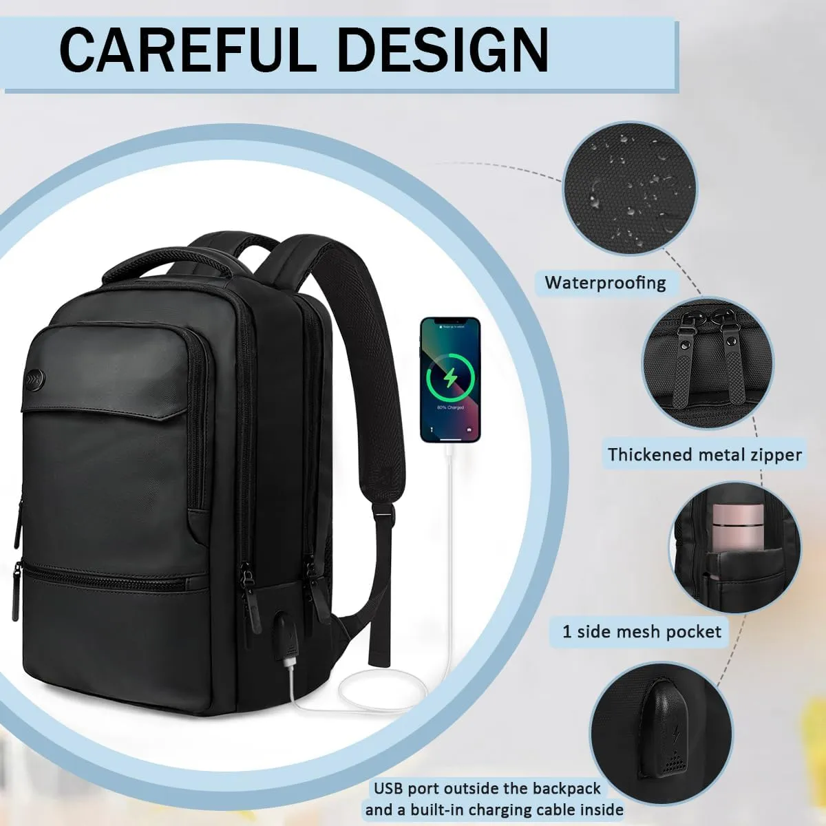 Carry on Backpack for Man Women,Extra Large Travel Bussiness Waterproof Backpack,BLACK,00591