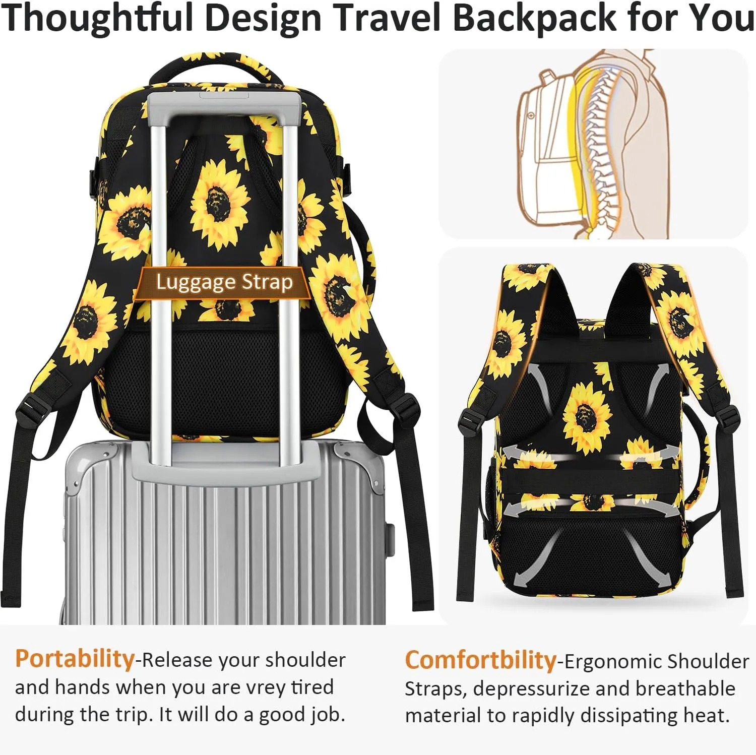 Carry on Backpack for Women TSA Approved 15.6 Inch Travel Laptop Backpack for Women Travel Essentials Foldable Womens Travel Backpack Suitcase Sunflower Floral