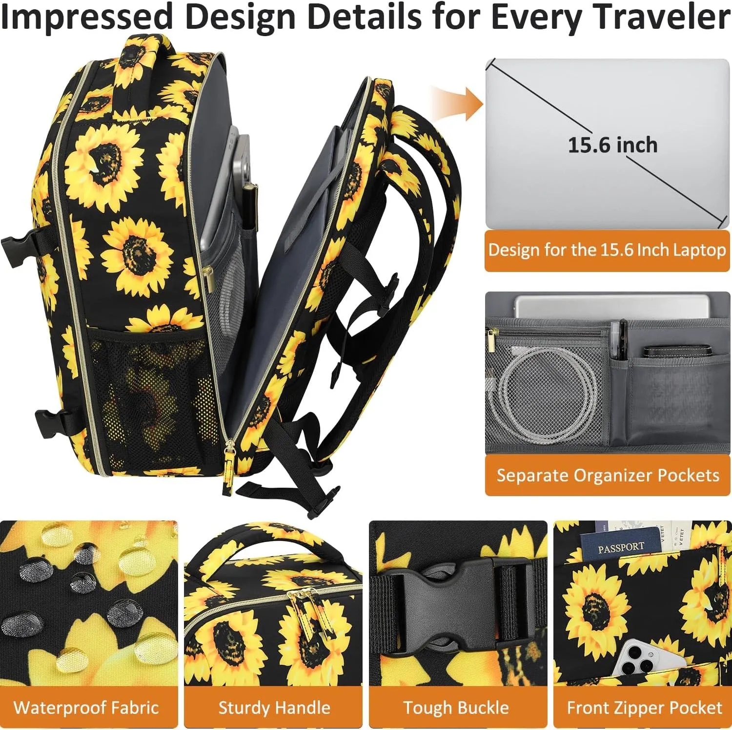 Carry on Backpack for Women TSA Approved 15.6 Inch Travel Laptop Backpack for Women Travel Essentials Foldable Womens Travel Backpack Suitcase Sunflower Floral