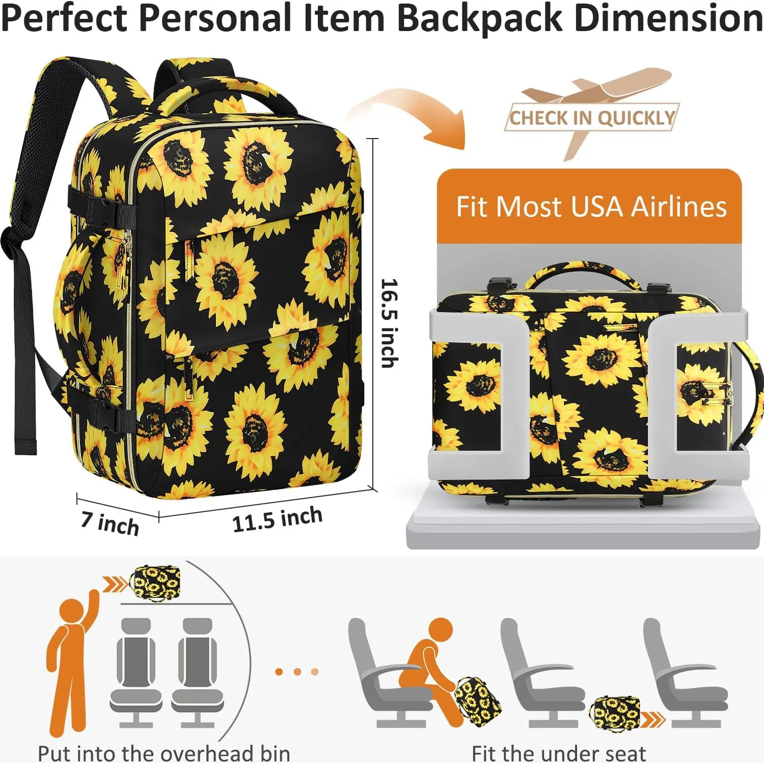 Carry on Backpack for Women TSA Approved 15.6 Inch Travel Laptop Backpack for Women Travel Essentials Foldable Womens Travel Backpack Suitcase Sunflower Floral