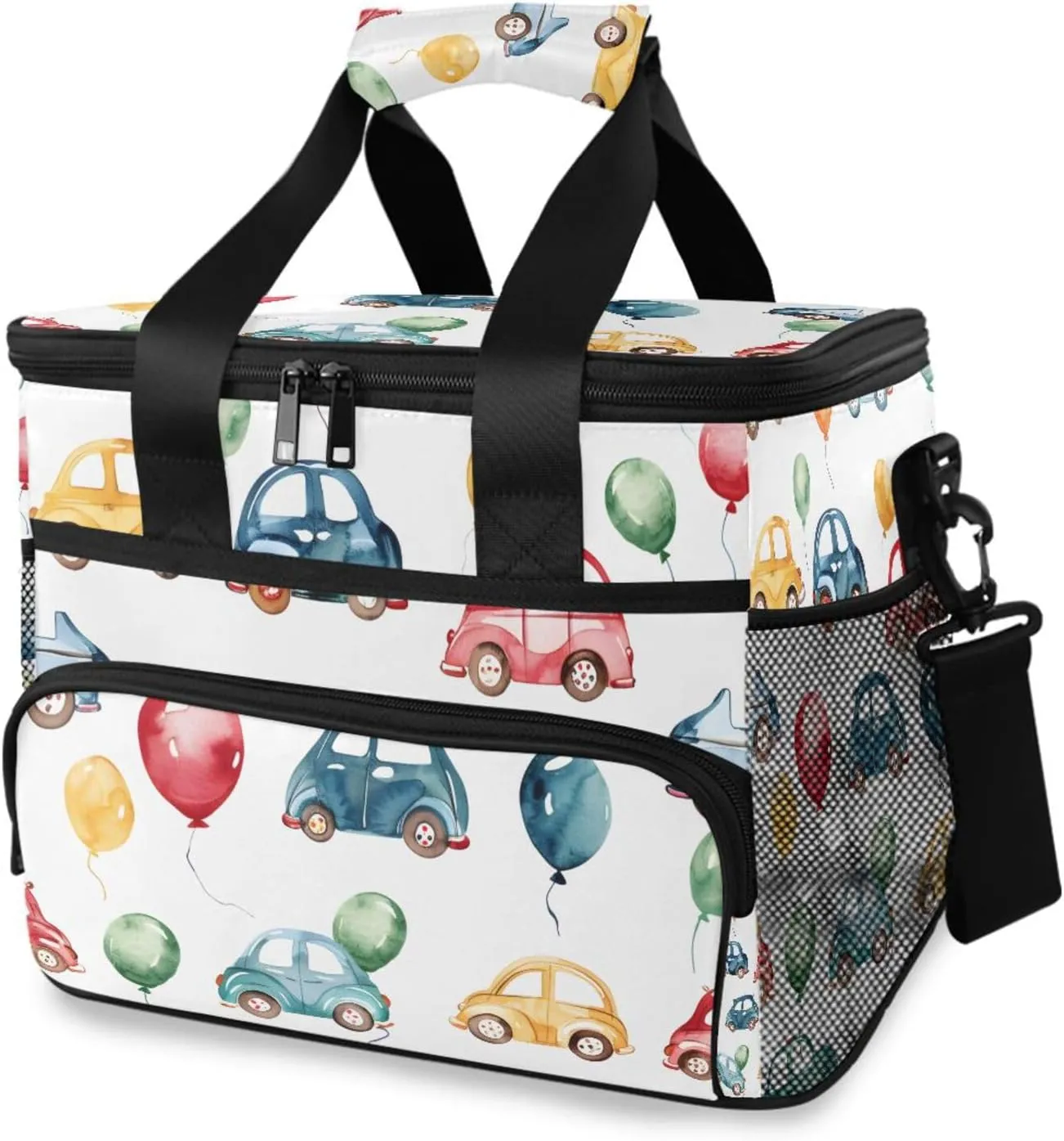 Cars Balloons Doodle Cooler Bag Insulated Cooler Soft Sided Cooler 24 Can Portable Picnic Bag Large Leakproof Lunch Bag Box for Beach Grocery Camping Travel Car Men Women