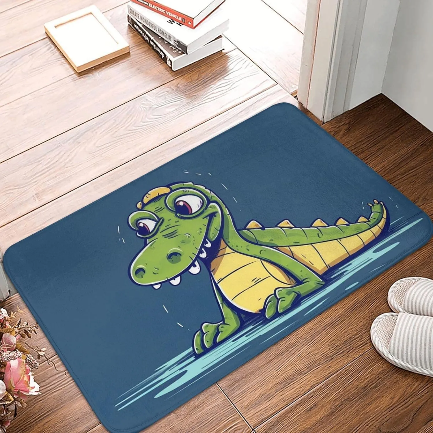 Cartoon Crocodile Door Mat Heavy Duty Indoor Outdoor Doormat Non-Slip Absorbent Dirt Trapper Entry Rug Low-Profile Washable Floor Mats Flannel Bath Mat 16 x 24 Inch