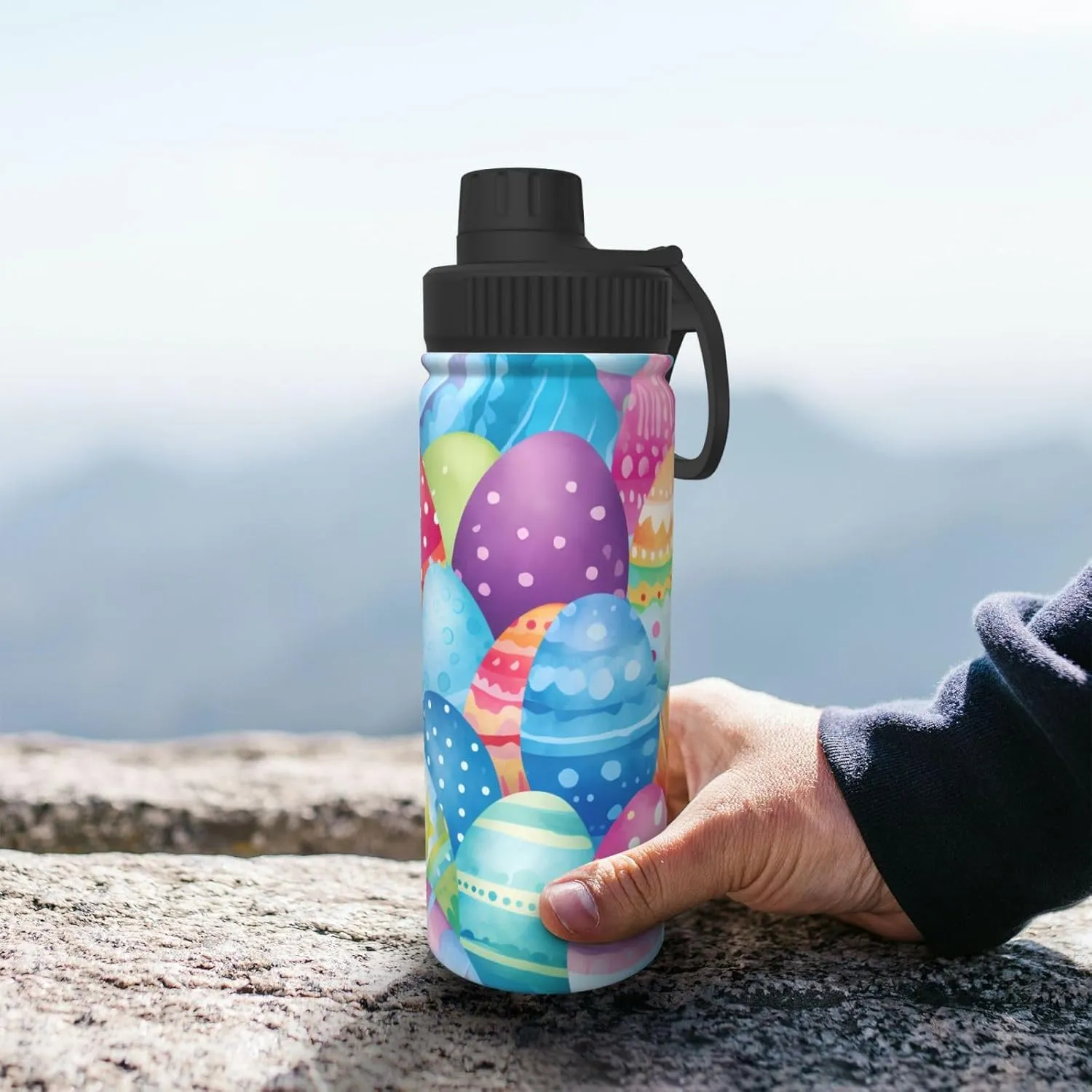 Cartoon Easter Eggs 18 oz Stainless Steel Water Bottles Insulated Sports Water Bottle with Handle, Vintage Double Wall Travel Water Flask for Men Women