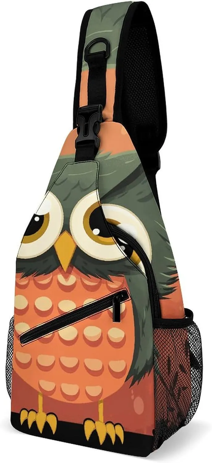 Cartoon Owl on Orange Background Sling Bag for Men Women Travel Crossbody Bags Large Hiking Sling Backpack Chest Bag Man Purse