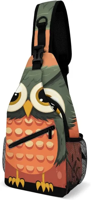 Cartoon Owl on Orange Background Sling Bag for Men Women Travel Crossbody Bags Large Hiking Sling Backpack Chest Bag Man Purse