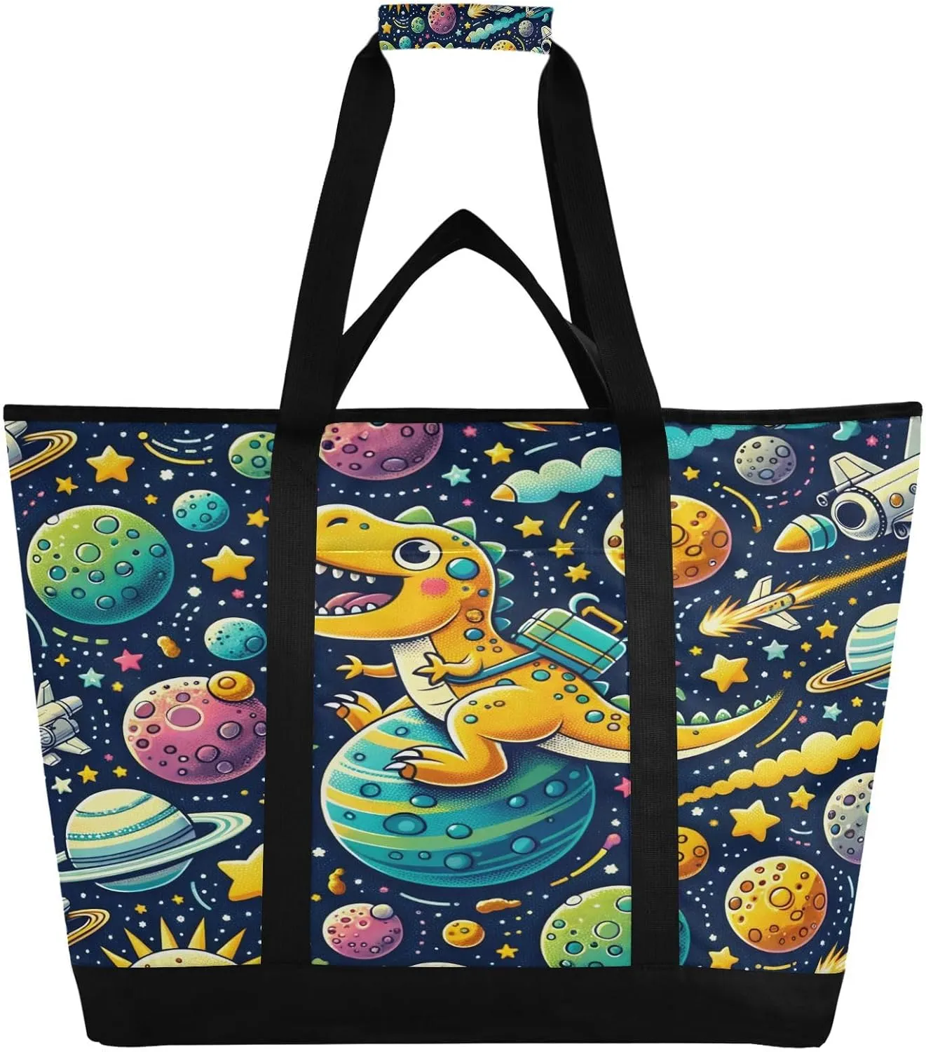 Cartoon Space Dinosaur Reusable Insulated Lunchbox Cooler Bag, Leakproof Kitchen Grocery Bag Collapsible Portable Cooler Tote Bag for Picnic, Camping, Office, Travel