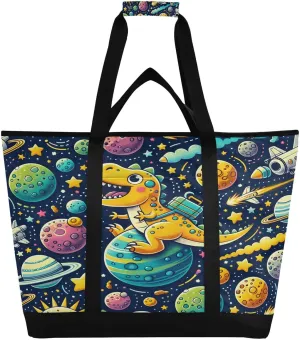 Cartoon Space Dinosaur Reusable Insulated Lunchbox Cooler Bag, Leakproof Kitchen Grocery Bag Collapsible Portable Cooler Tote Bag for Picnic, Camping, Office, Travel