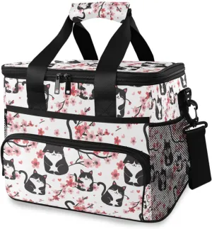 Cat Cherry Blossom Cooler Bag Insulated Cooler Soft Sided Cooler 24 Can Portable Picnic Bag Large Leakproof Lunch Bag Box for Beach Grocery Camping Travel Car Men Women