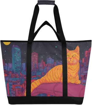 Cat City Moon Large Insulated Reusable Tote Bag for Grocery Shopping for Women Men, Cooler Bag with Zippered Top & Handles for Travel Beach Picnic