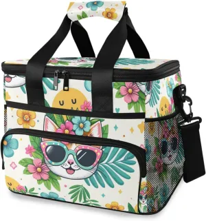 Cat Flowers Palms Cooler Bag Insulated Cooler Soft Sided Cooler 24 Can Portable Picnic Bag Large Leakproof Lunch Bag Box for Beach Grocery Camping Travel Car Men Women