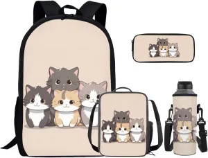 Cat Kids Backpack and Lunch Box Set Boys Girls 6-8 Preschool Primary Supplies Essentials 4 Piece Aesthetic Bookbag Teen Girls School Backpack To Store Pens,Crayon Box,Snacks,and Toys