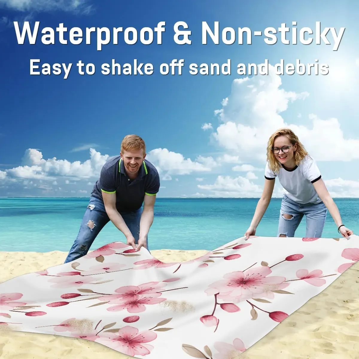 Cherry Blossom Beach Blanket, Sandproof Beach Mat, 68 x 59 Waterproof Quick Drying Sand Free Mat with 4 x Ground Spikes for Outdoor Travel Camping Hiking, Floral