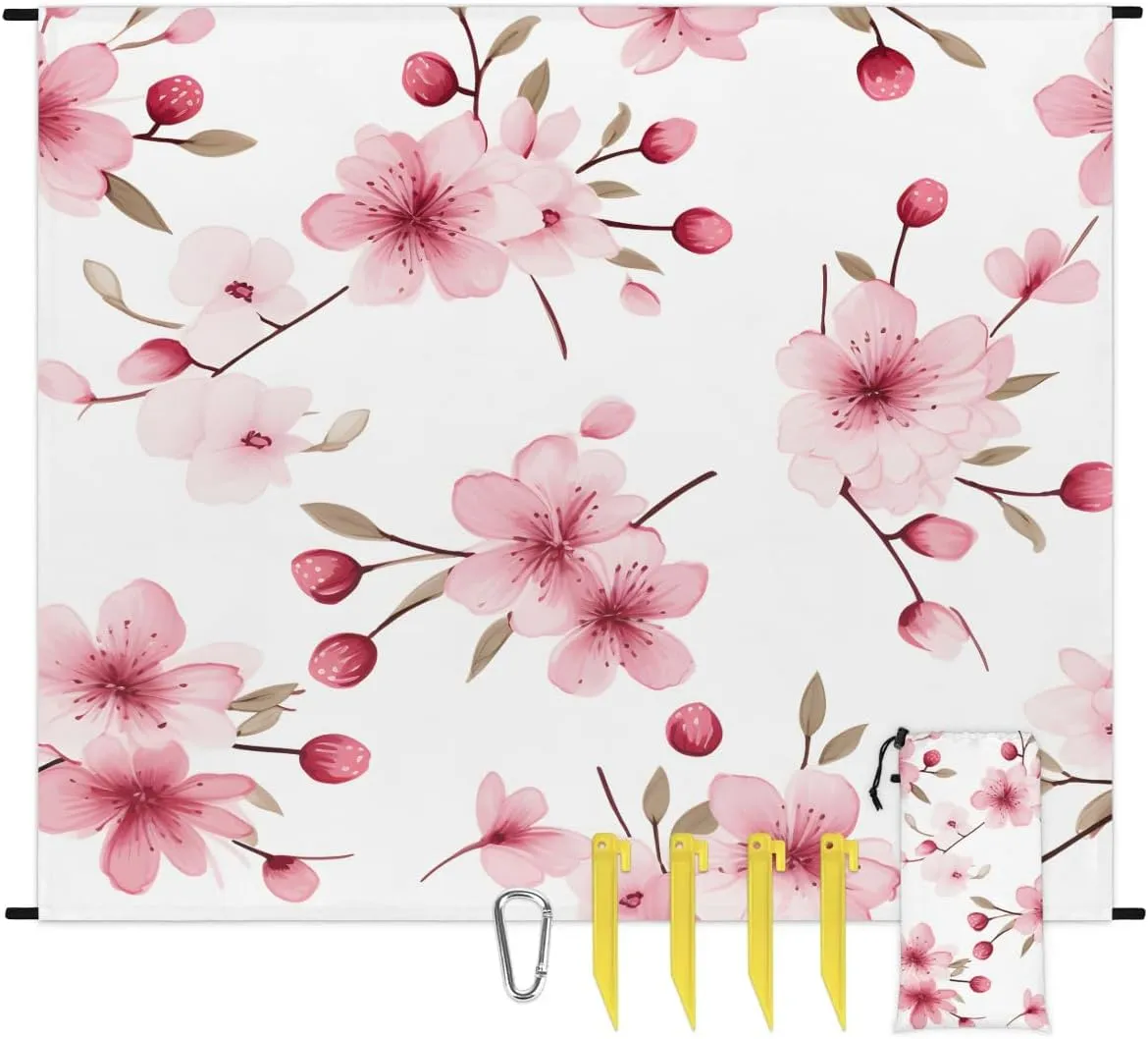 Cherry Blossom Beach Blanket, Sandproof Beach Mat, 68 x 59 Waterproof Quick Drying Sand Free Mat with 4 x Ground Spikes for Outdoor Travel Camping Hiking, Floral