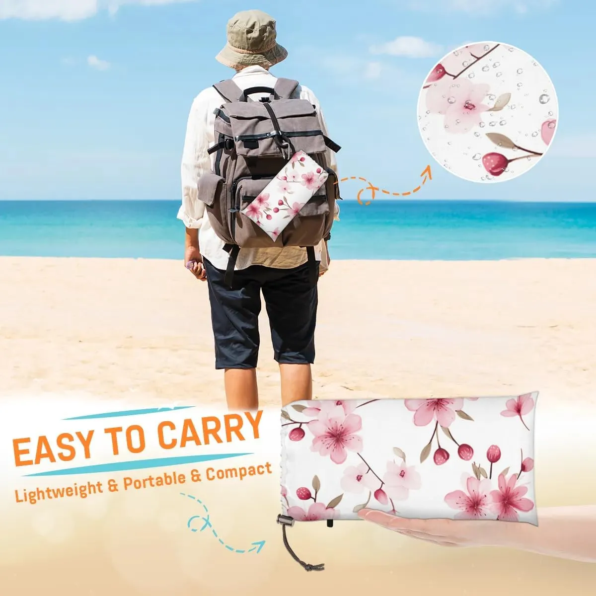 Cherry Blossom Beach Blanket, Sandproof Beach Mat, 68 x 59 Waterproof Quick Drying Sand Free Mat with 4 x Ground Spikes for Outdoor Travel Camping Hiking, Floral