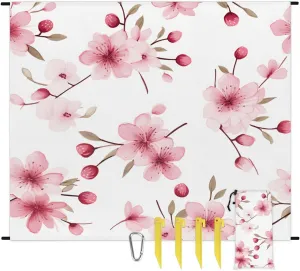 Cherry Blossom Beach Blanket, Sandproof Beach Mat, 68 x 59 Waterproof Quick Drying Sand Free Mat with 4 x Ground Spikes for Outdoor Travel Camping Hiking, Floral