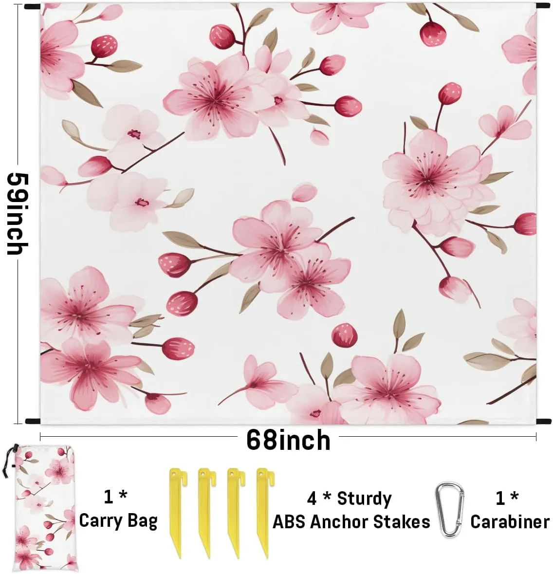 Cherry Blossom Beach Blanket, Sandproof Beach Mat, 68 x 59 Waterproof Quick Drying Sand Free Mat with 4 x Ground Spikes for Outdoor Travel Camping Hiking, Floral