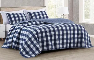 Chezmoi Collection 3-Piece Blue White Plaid Cotton Quilt Set - Buffalo Check Solid Reversible Bedspread - Pre-Washed Cotton Lightweight Coverlet, Queen Size
