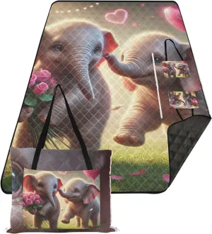 CHIFIGNO Adorable Elephant Valentine Dance Waterproof Beach Blanket Sand Proof, Outdoor Camping Grass Mat Picnic Supplies Foldable Mat, 80" x 60"