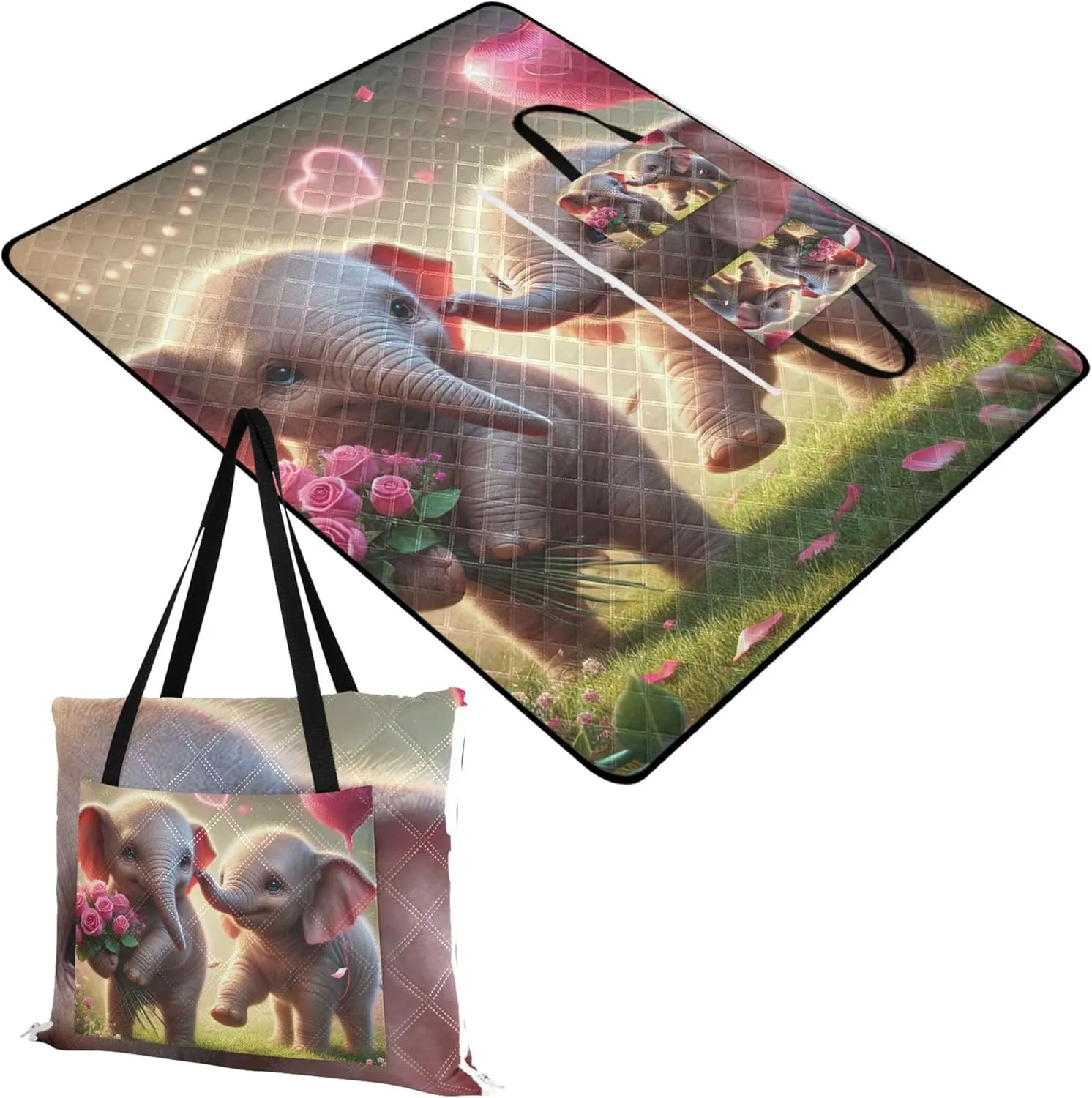 CHIFIGNO Adorable Elephant Valentine Dance Waterproof Beach Blanket Sand Proof, Outdoor Camping Grass Mat Picnic Supplies Foldable Mat, 80" x 60"