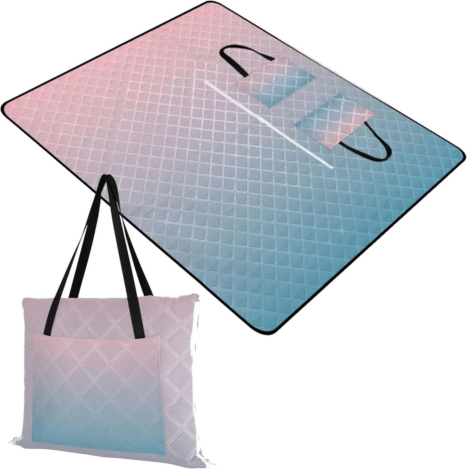 CHIFIGNO Blush Pink Saxe Blue Gradient Foldable Mat Picnic Blanket Sand Free Beach Blanket Waterproof Outdoor Blanket Camping Mat 80" x 60"