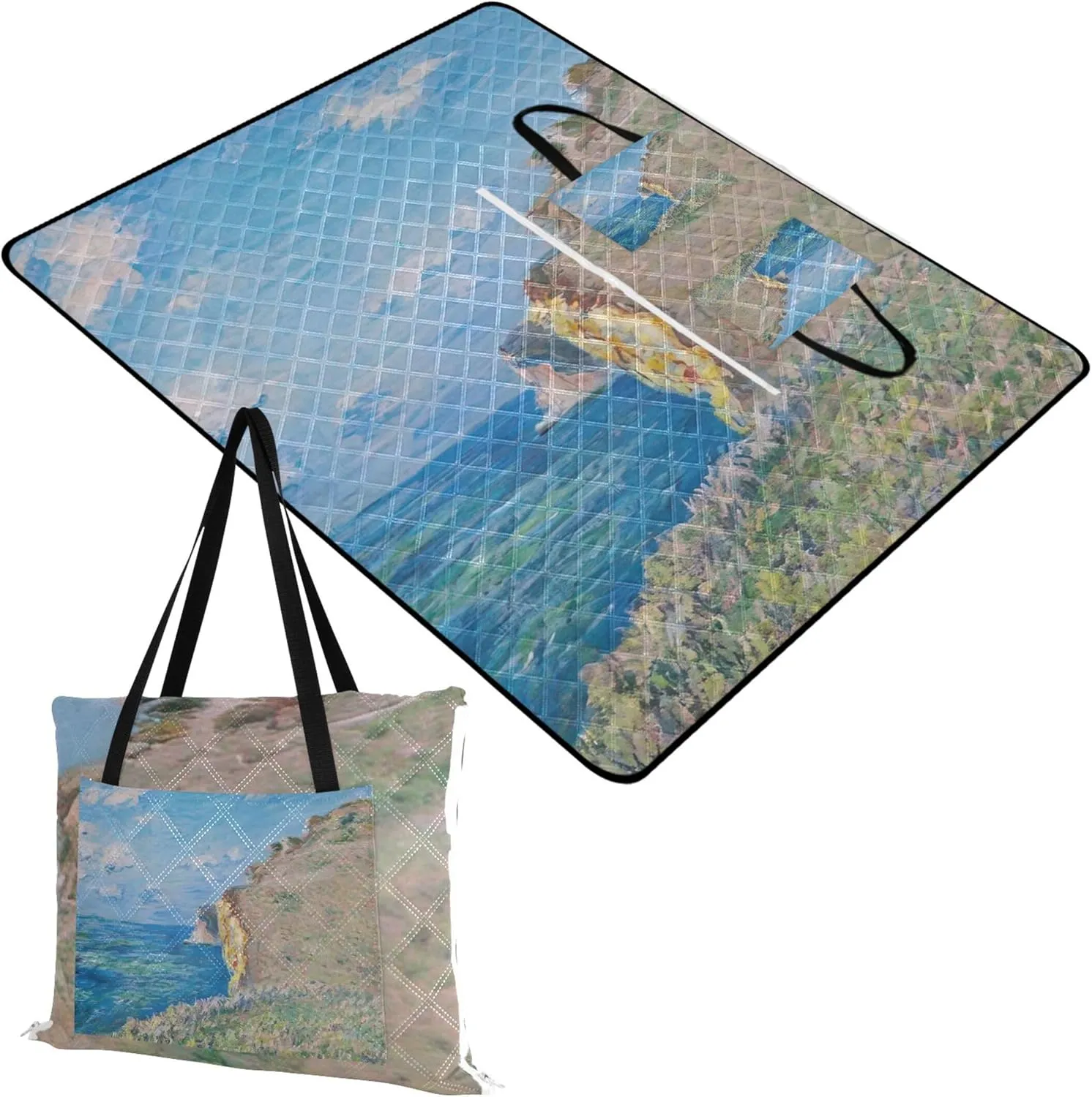 CHIFIGNO Claude Monet Painting Cliff Cute Picnic Blanket Mat Foldable Beach Blanket Sandproof Waterproof Outdoor Playmat Camping Blanket 80" x 60"
