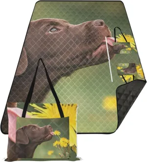 CHIFIGNO Curious Labrador Puppy Dandelion Cute Picnic Essentials Foldable Waterproof Beach Blanket Sand Proof Floral Tent Rugs for Camping Mat 80" x 60"