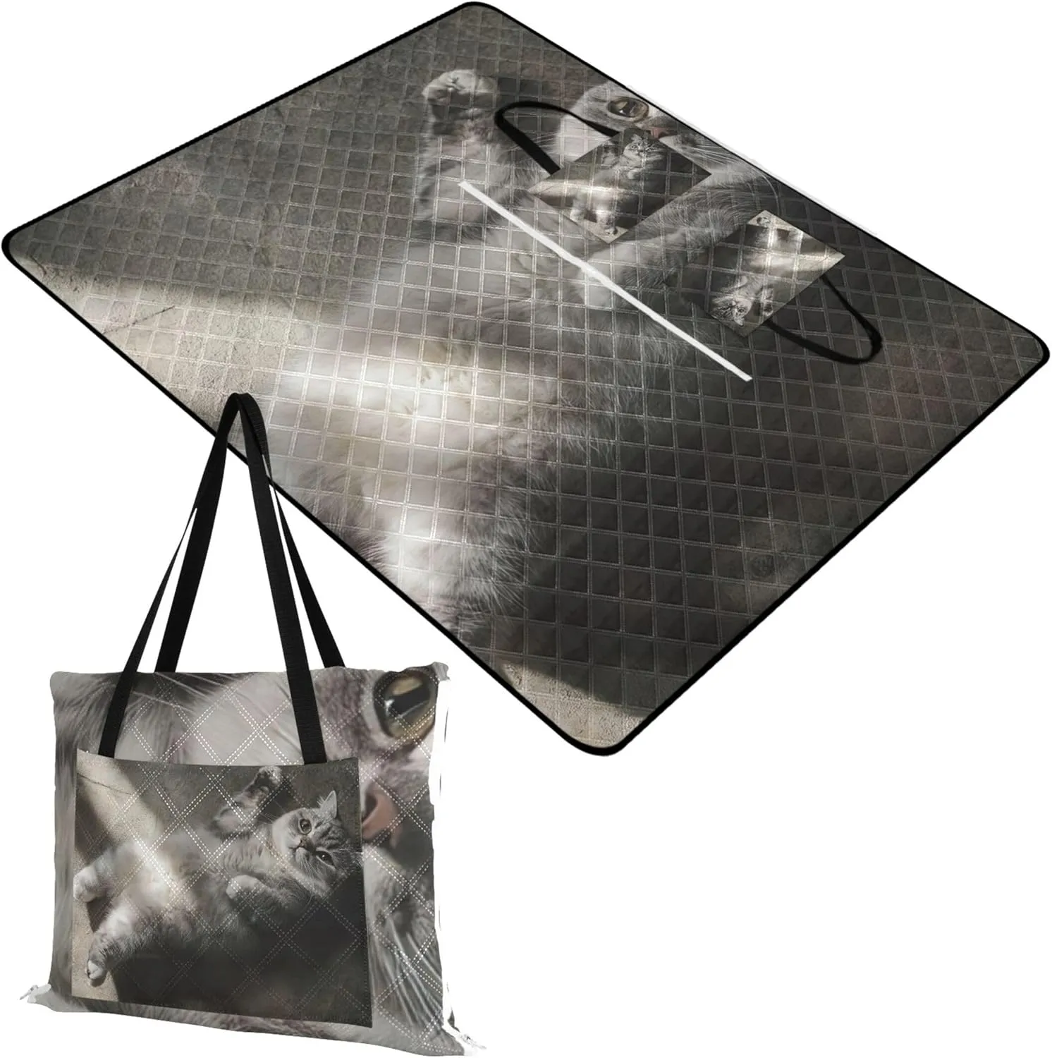 CHIFIGNO Cute Fat Cat Print Beach Blanket Waterproof Sandproof, Outdoor Play Mat for Grass Picnic Supplies Foldable Mat, 80" x 60"