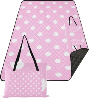 CHIFIGNO Cute Pink White Polka Dots Sand Free Beach Blanket Waterproof Grass Blanket Camping Mat Pink Picnic Blanket Foldable 80" x 60"