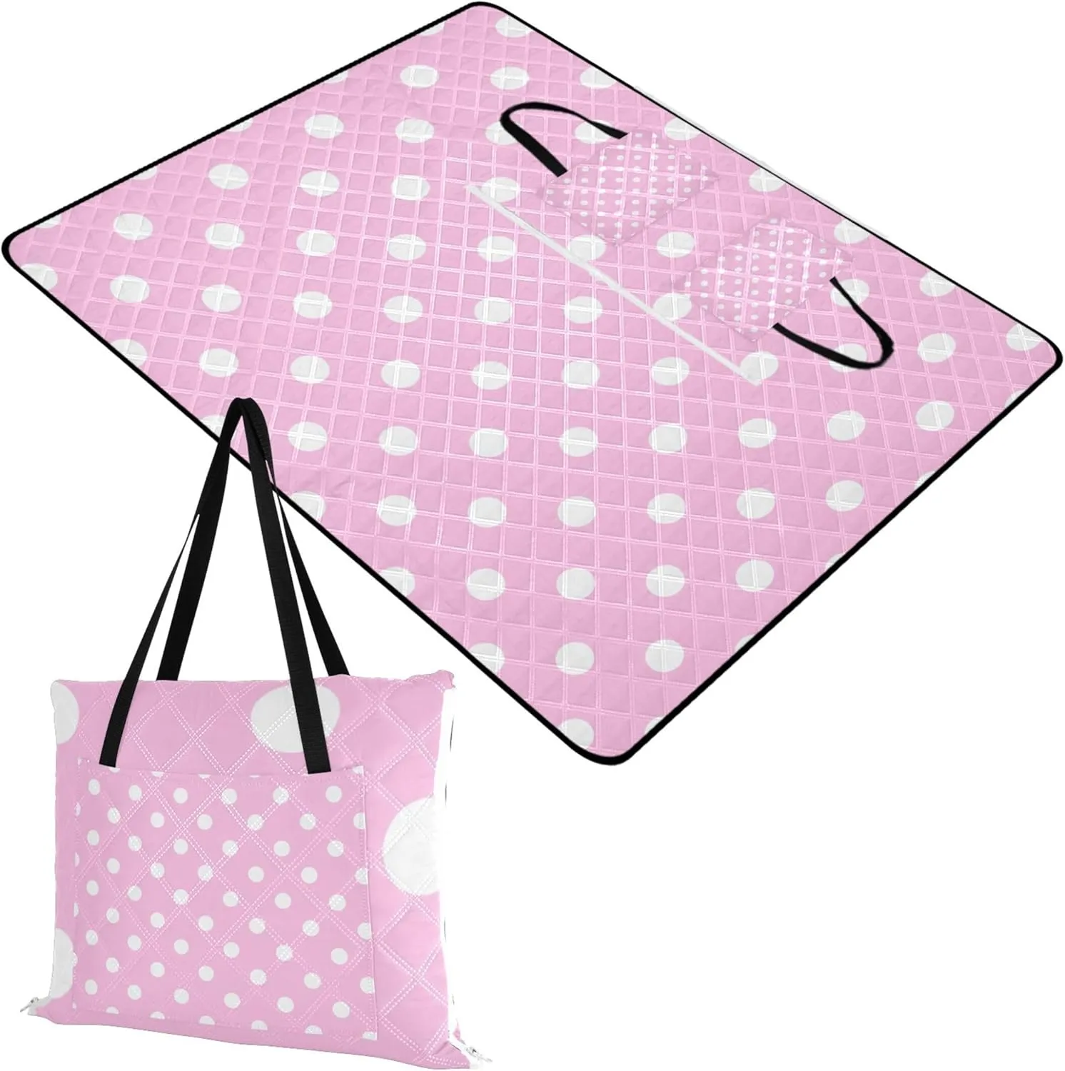 CHIFIGNO Cute Pink White Polka Dots Sand Free Beach Blanket Waterproof Grass Blanket Camping Mat Pink Picnic Blanket Foldable 80" x 60"