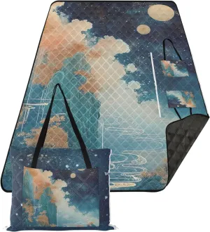 CHIFIGNO Fairyland Painting Fantasy Sand Blankets for Beach Sandproof Pink Picnic Blanket Foldable Floral Tent Rugs for Camping Mat 80" x 60"
