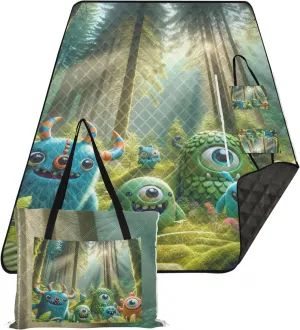 CHIFIGNO Forest Green Comic Monsters Sand Free Beach Blanket Waterproof Picnic Supplies Foldable Mat Print Outside Blankets for Grass 80" x 60"