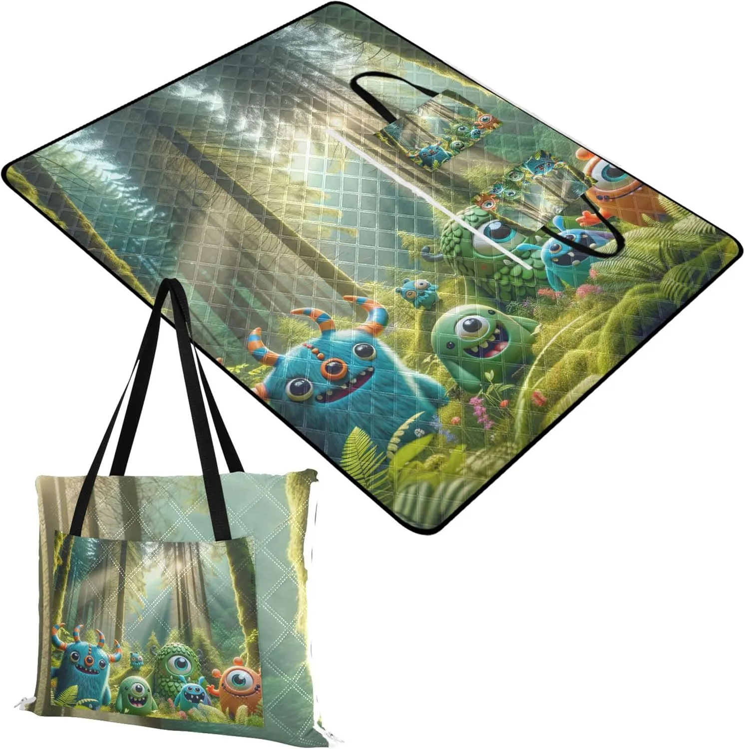 CHIFIGNO Forest Green Comic Monsters Sand Free Beach Blanket Waterproof Picnic Supplies Foldable Mat Print Outside Blankets for Grass 80" x 60"
