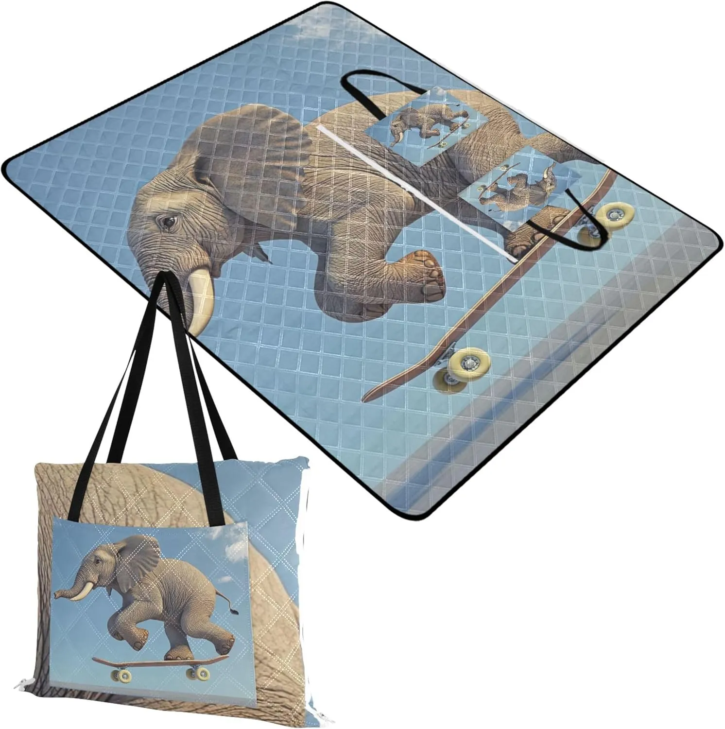 CHIFIGNO Funny Elephant Skateboarding Art Waterproof Beach Blanket Oversized Outdoor Blankets for Grass Foldable Mat Picnic Blanket 80" x 60"