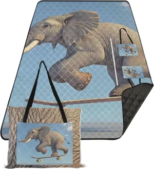 CHIFIGNO Funny Elephant Skateboarding Art Waterproof Beach Blanket Oversized Outdoor Blankets for Grass Foldable Mat Picnic Blanket 80" x 60"