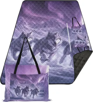 CHIFIGNO Mystic Wolves Northern Lights Oversized Beach Blanket Waterproof, Outdoor Playmat Camping Blanket Picnic Supplies Foldable Mat, 80" x 60"
