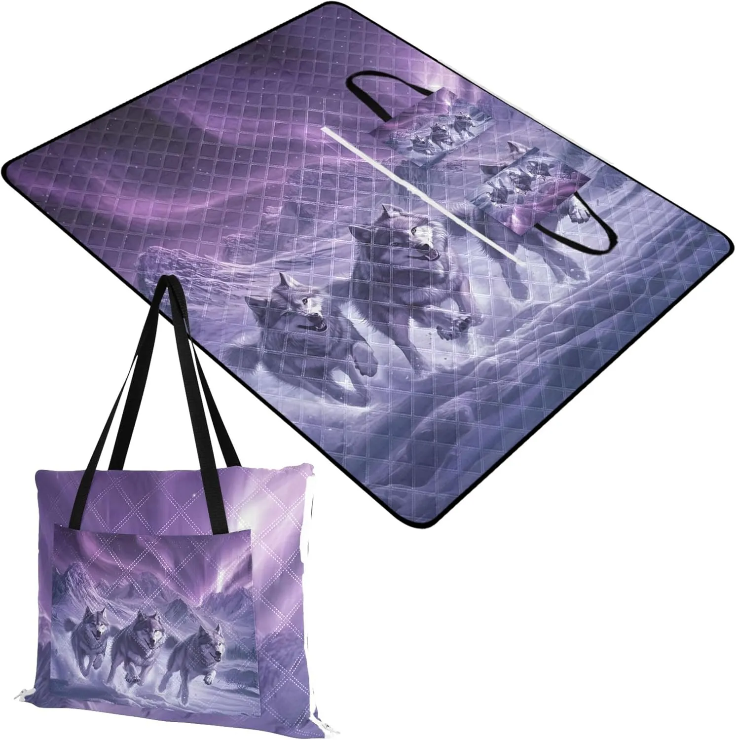 CHIFIGNO Mystic Wolves Northern Lights Oversized Beach Blanket Waterproof, Outdoor Playmat Camping Blanket Picnic Supplies Foldable Mat, 80" x 60"