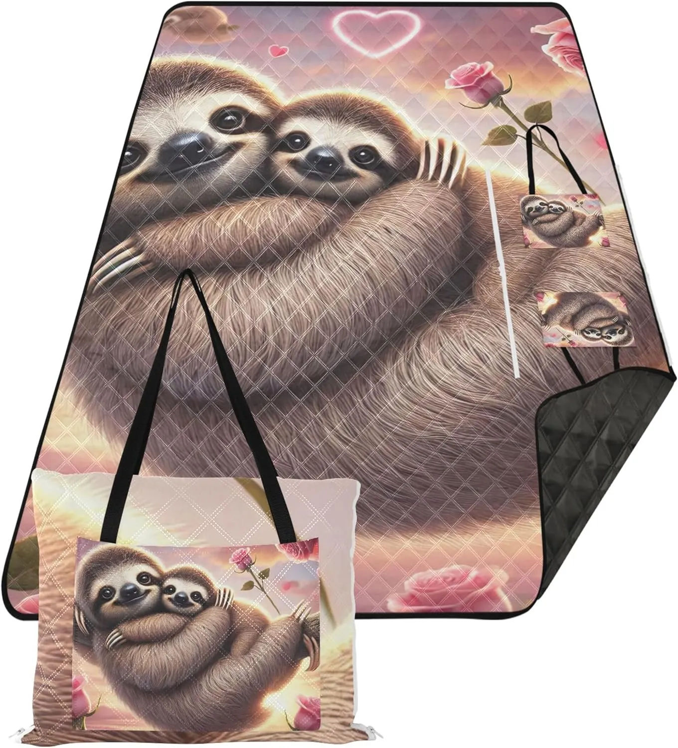 CHIFIGNO Romantic Sloth Hugging Scene Beach Mat Waterproof Sandproof Cute Picnic Essentials Foldable Print Camping Blanket for Grass 80" x 60"
