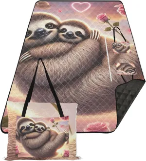 CHIFIGNO Romantic Sloth Hugging Scene Beach Mat Waterproof Sandproof Cute Picnic Essentials Foldable Print Camping Blanket for Grass 80" x 60"